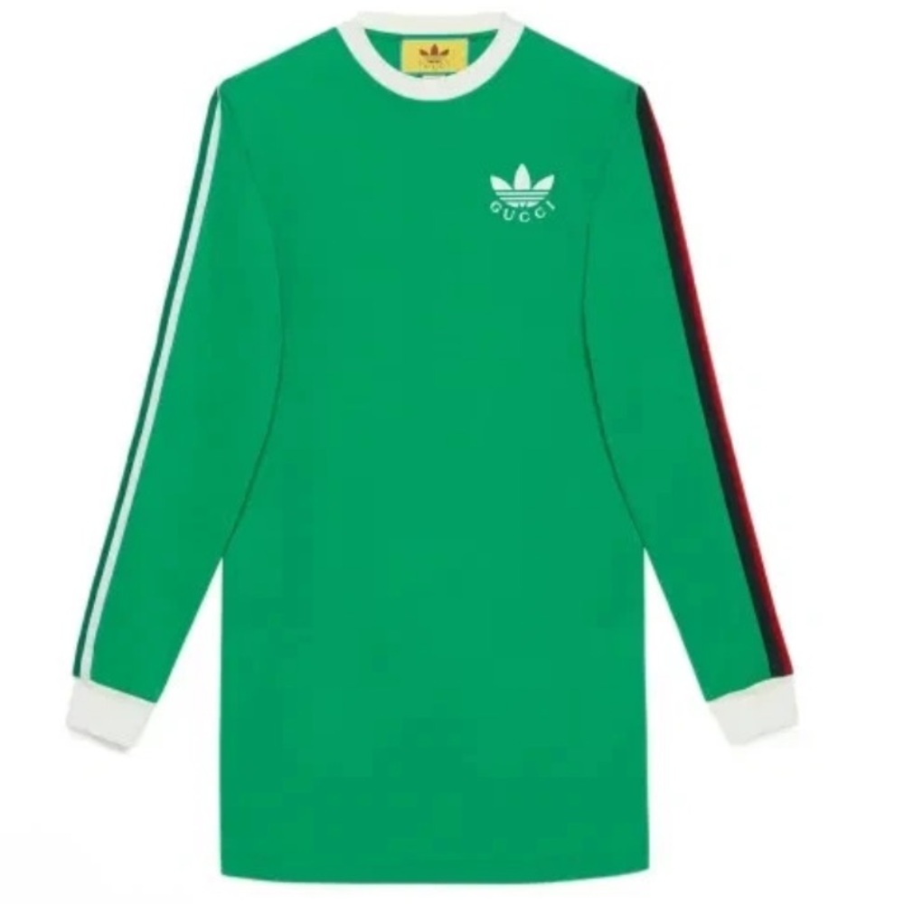 GUCCI X ADIDAS DRESS LONG T-SHIRT GREEN COTTON LONG SLEEVE TREFOIL SIZE XS